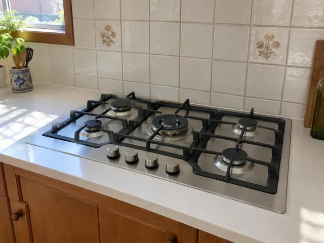Built-in gas cooktop on a kitchen benchtop with tiled splashback and window in Whitebridge